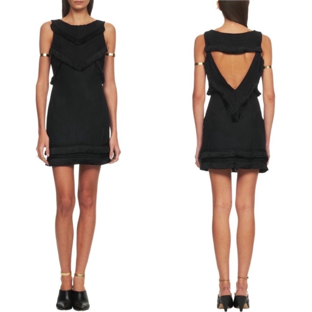 Mara Hoffman Black Fringe Mini Dress Textured Chevron Trim Open Back Size 4